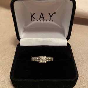 Kay engagement ring, size 7, white gold marked 10k, cluster diamond
